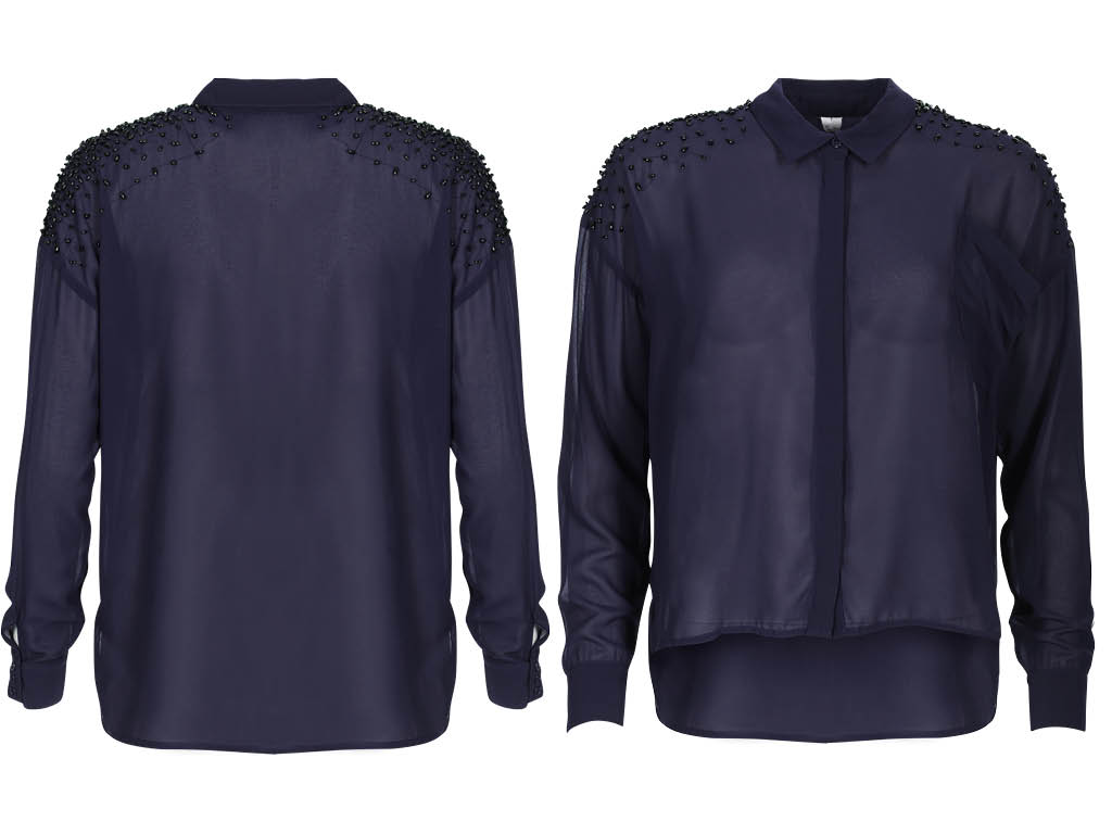 Mary shirt, dark marine blue sheer shirt with perl embroided shoulders.