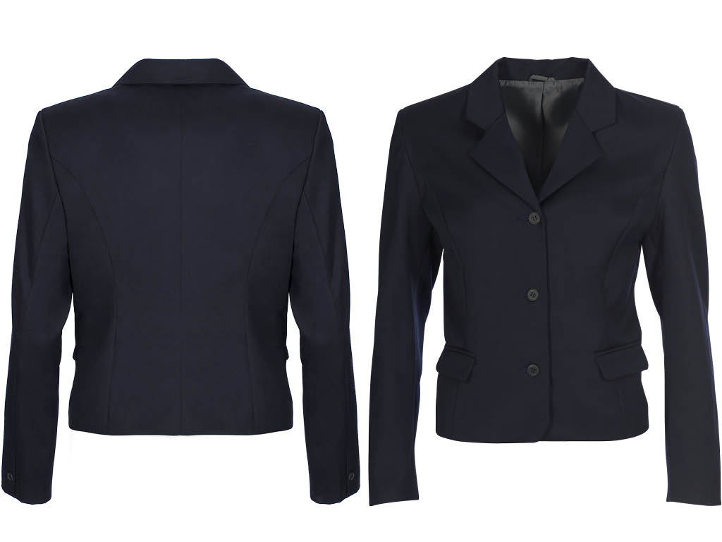 Fitted marine blue blazer jacket with mock pocket detail. Fully lined in a dark grey striped fabric.